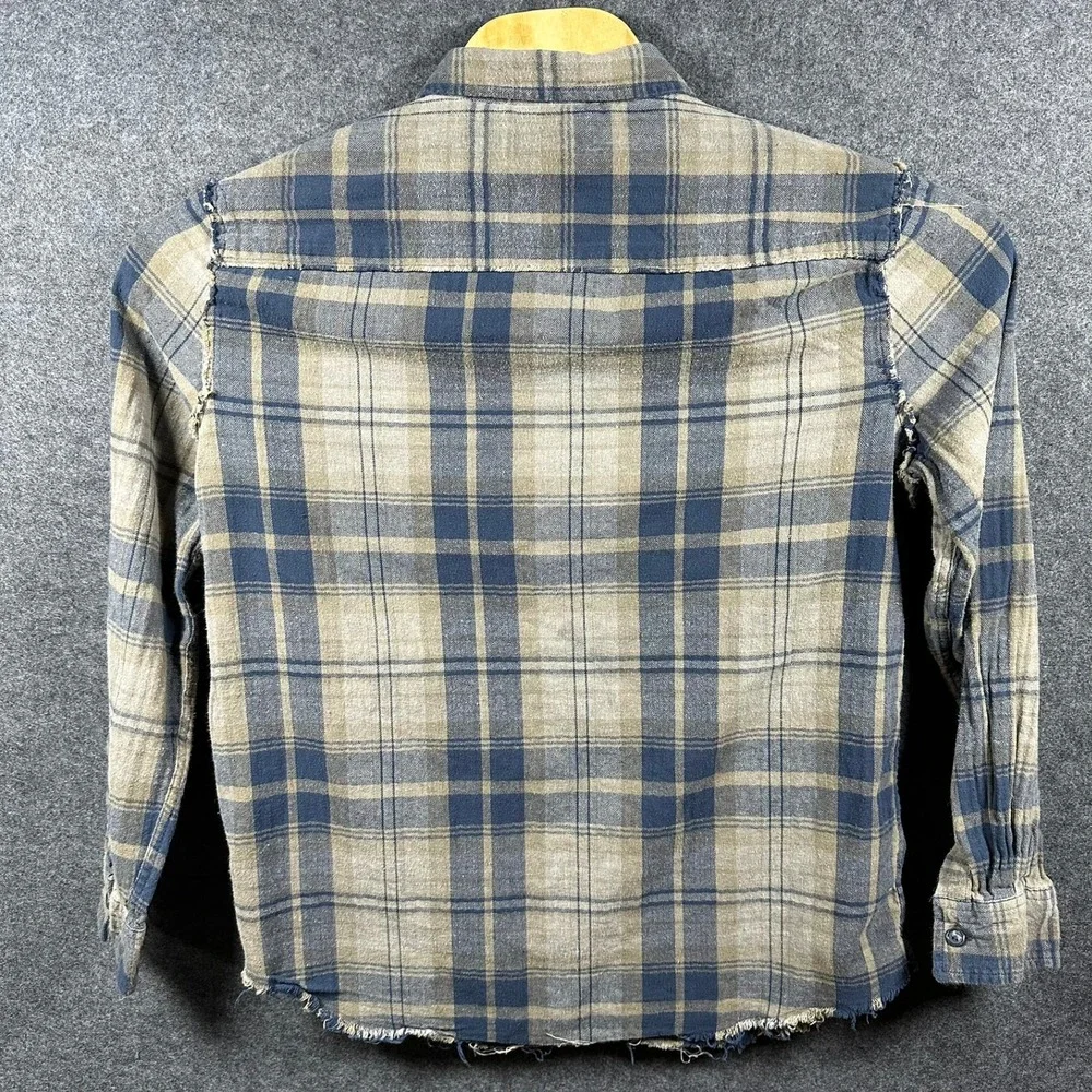 Retrofit Mens‎ Large Plaid Distressed Flannel Shirt Blue Tan Grunge